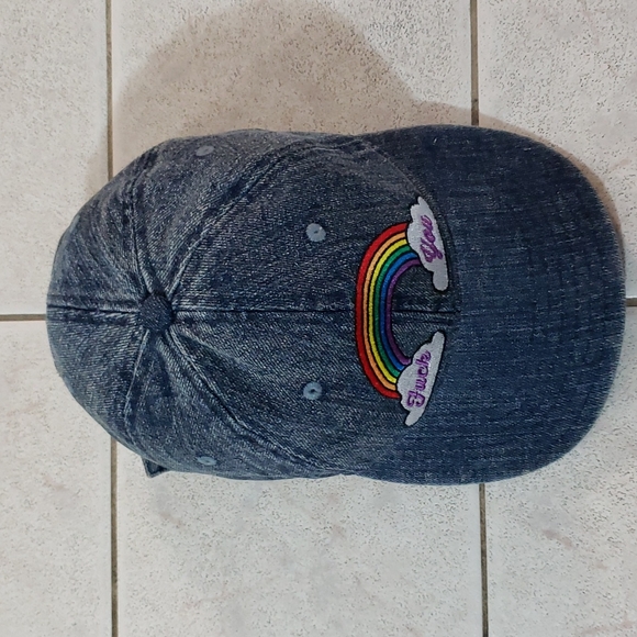 Spencer's F*ck You Rainbow Blue Denim Dad Hat Cap Strap Back Adjustable - Picture 6 of 9